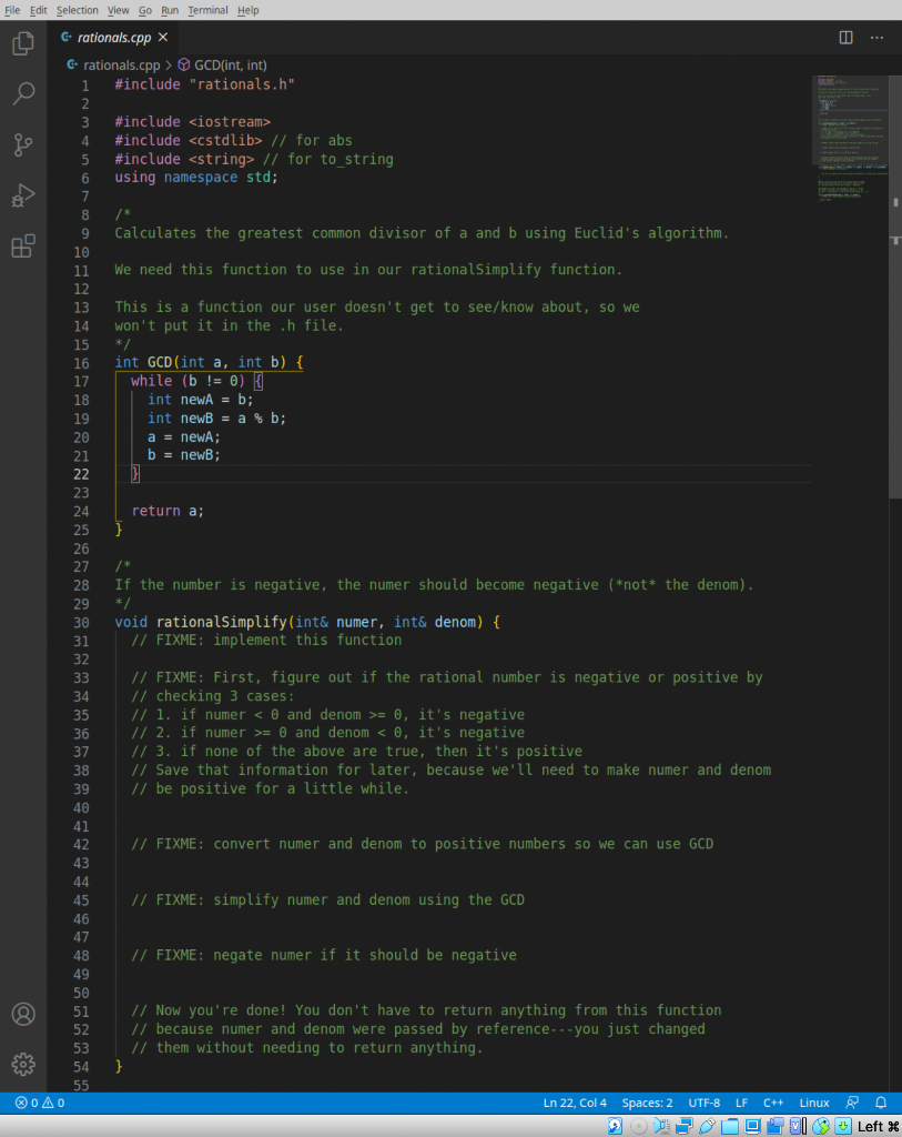 declarations for three functions that you will implement in rationals.cpp. Anyone who