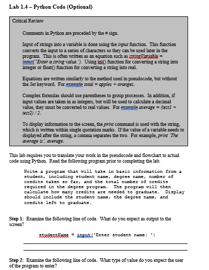  Lab 1.4-Python Code (Optional) Critical Review Comments in Python are preceded