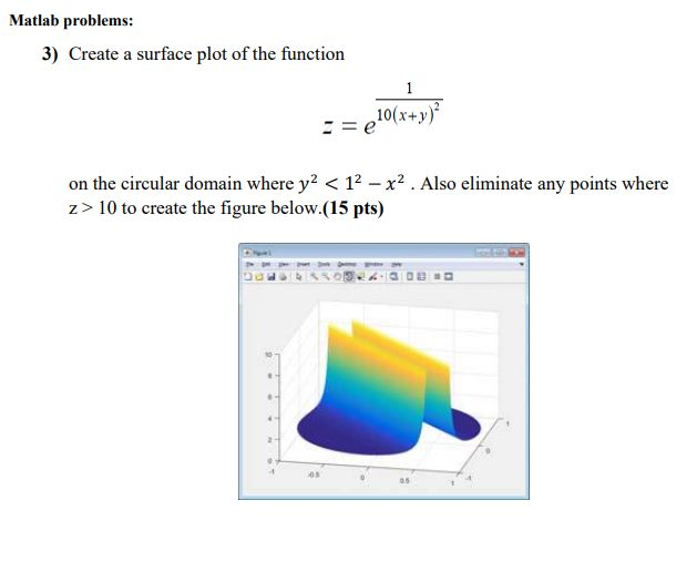 Code using MATLAB Matlab problems: 3) Create a surface plot of the