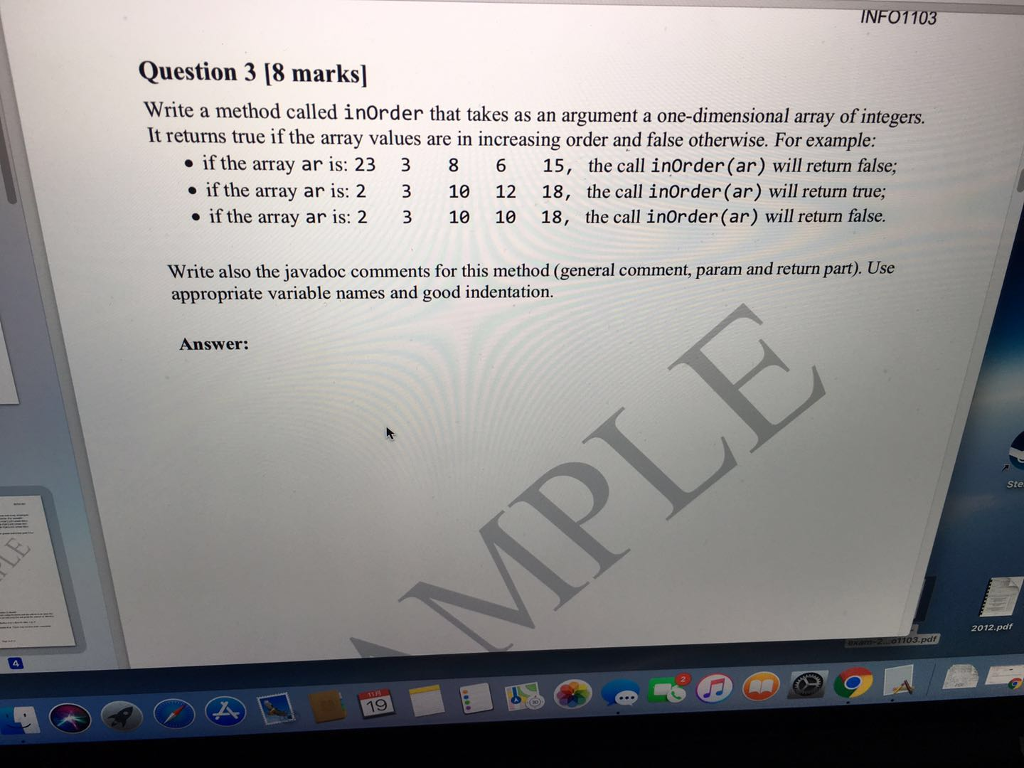  INFO1103 Question 3 [8 marks] Write a method called inOrder that