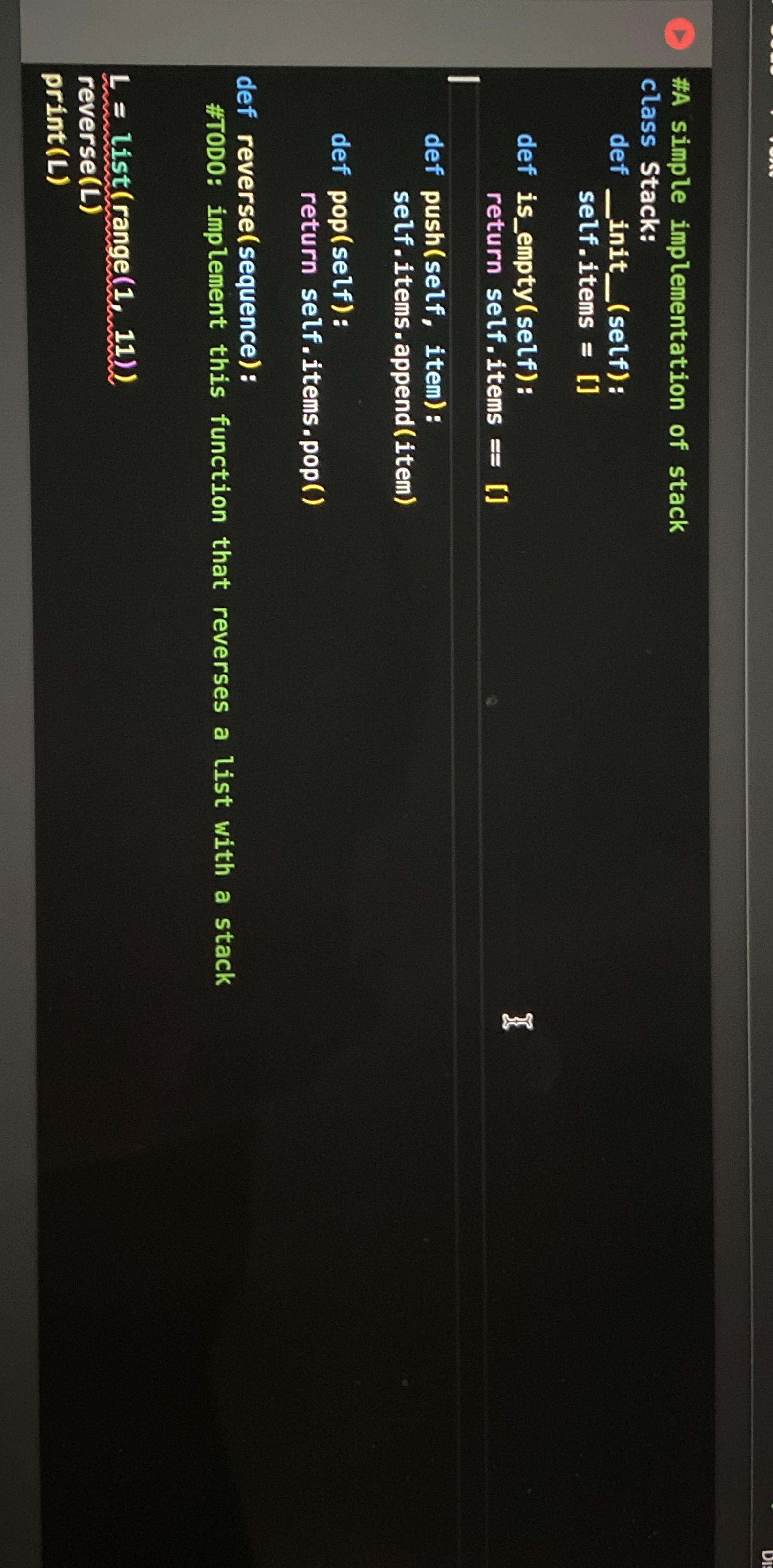  Implement a function that reverses a list of elemnts by pushing