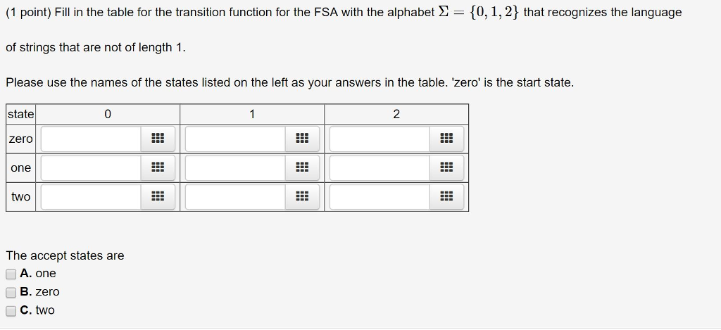  (1 point) Fill in the table for the transition function for