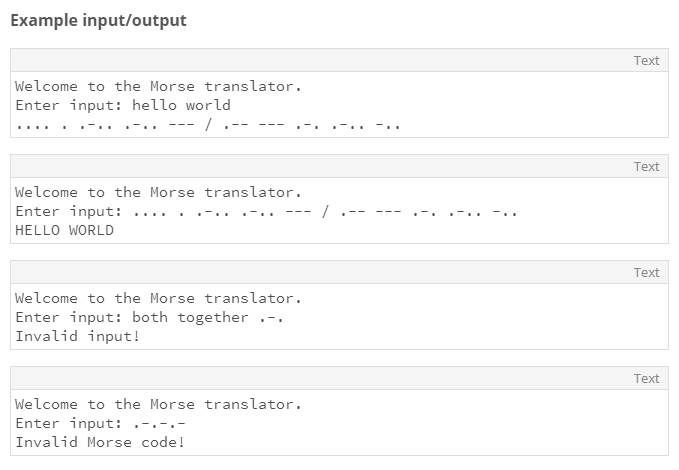 International (ITU) Morse code to text and vice versa. Your program must