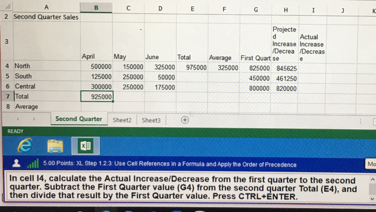 In cell I4, calculate the Actual Increase/Decrease from the first quarter to