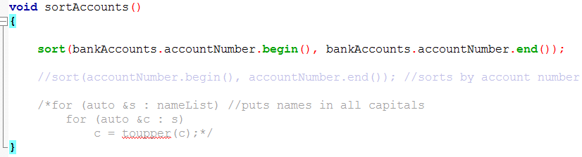So far, here is my structure, makeAccount(), and sortAccounts() function. I am