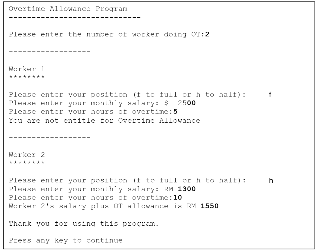 Develop a c++ program to calculate the overtime allowance for the workers.
