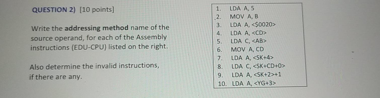  QUESTION 2) (10 points] Write the addressing method name of the