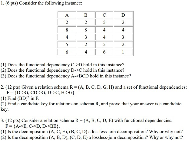 I need help with this database management hw. 1.(6 pts) Consider the