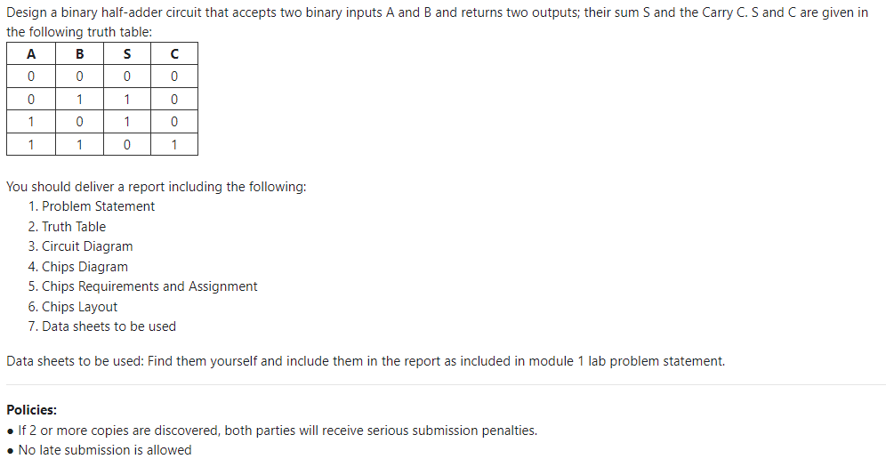  Design a binary half-adder circuit that accepts two binary inputs A
