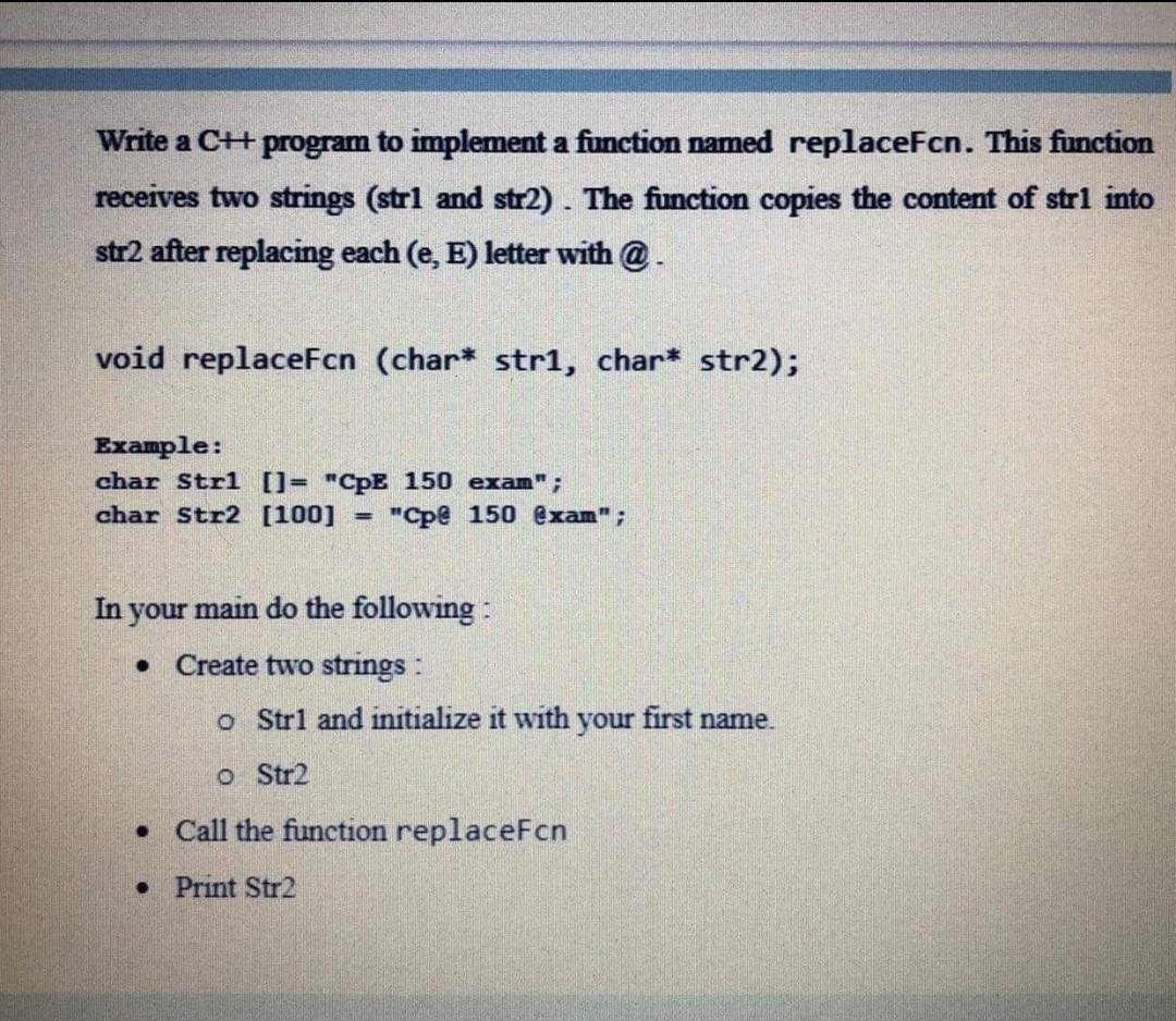 Write a CH+ program to implement a function named replaceFcn. This