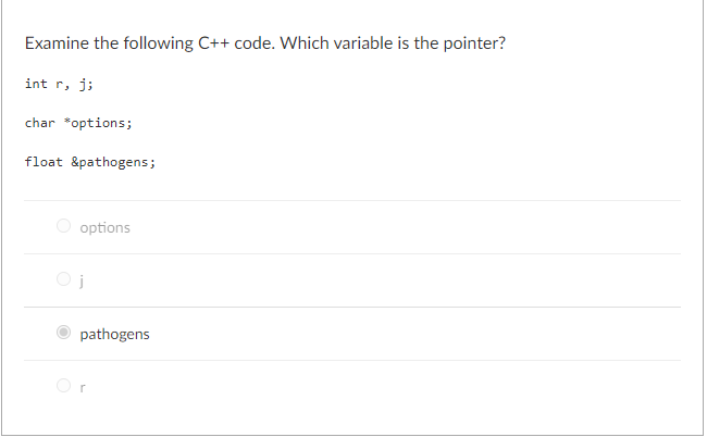  Examine the following C++ code. Which variable is the pointer? int