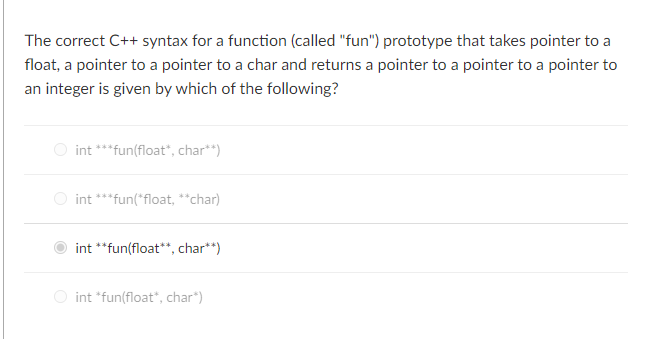 a char* argument and returning a pointer to int pointer to function