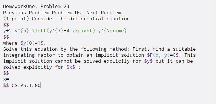  HomeworkOne: Problem 23 Previous Problem Problem Ust Next Problem (1 point)