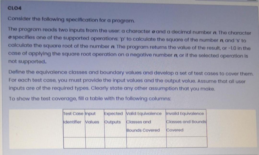  CLO4 Consider the following specification for a program. The program reads
