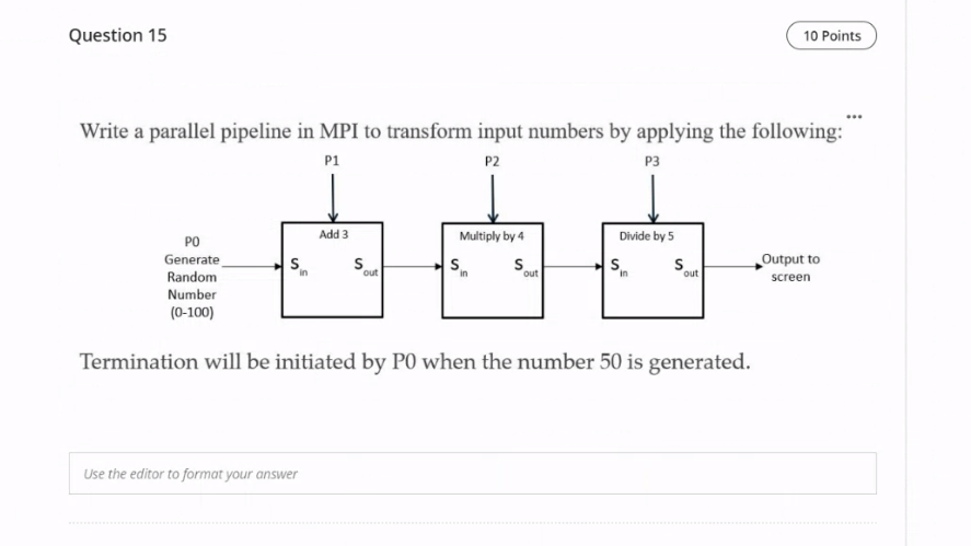  Question 15 10 Points Write a parallel pipeline in MPI to