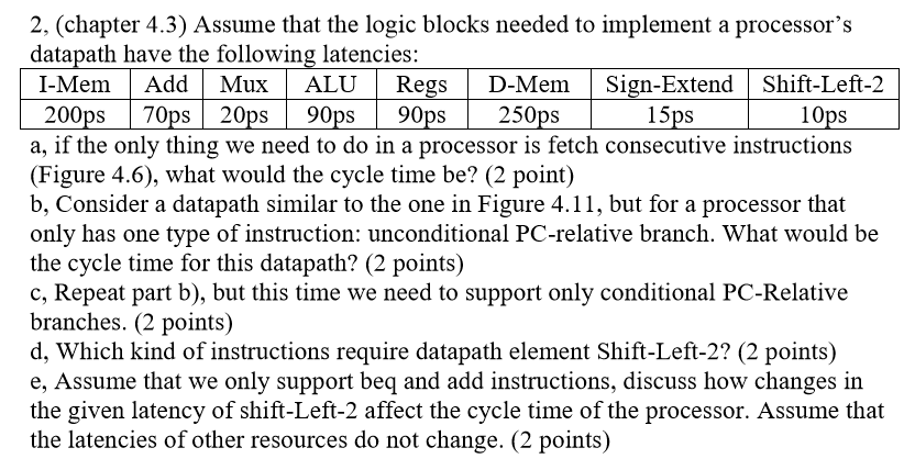  Assume that the logic blocks needed to implement a processor's datapath