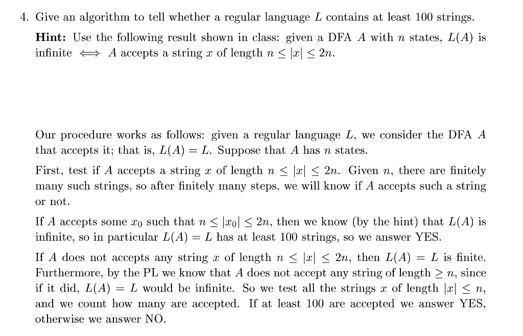  4. Give an algorithm to tell whether a regular language L