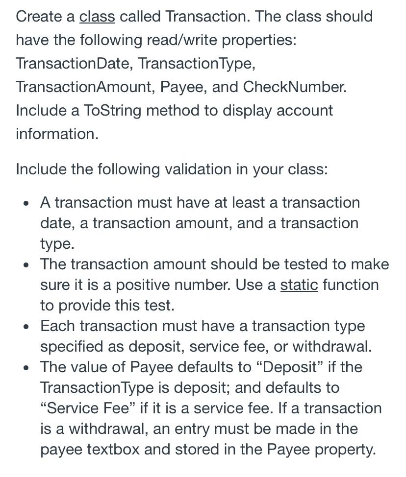  Create a project using C# visual studio Create a class called