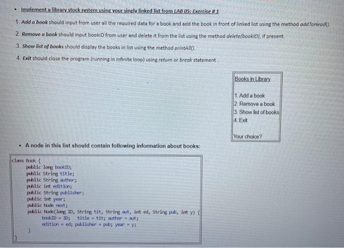  Implement a library stock system using your singly linked list from