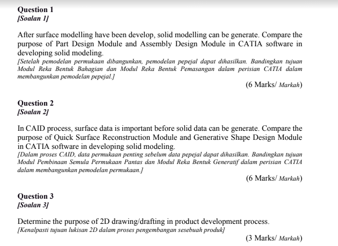  Question 1 Soalan 1] After surface modelling have been develop, solid
