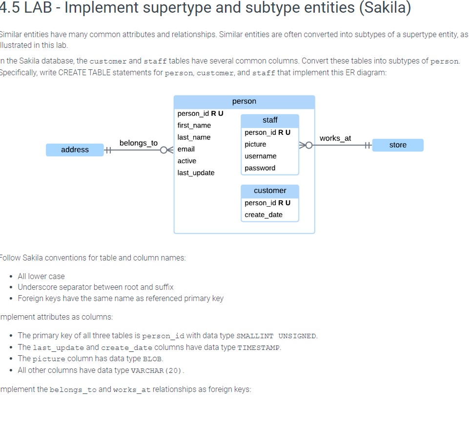  4.5 LAB - Implement supertype and subtype entities (Sakila) Similar entities