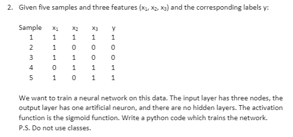  2. Given five samples and three features (X1, X2, x3) and