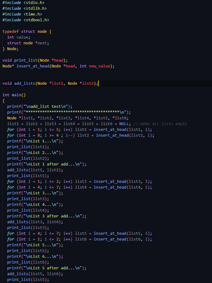 Please write this function in C: (void add_lists(Node *list1, Node *list2)) The