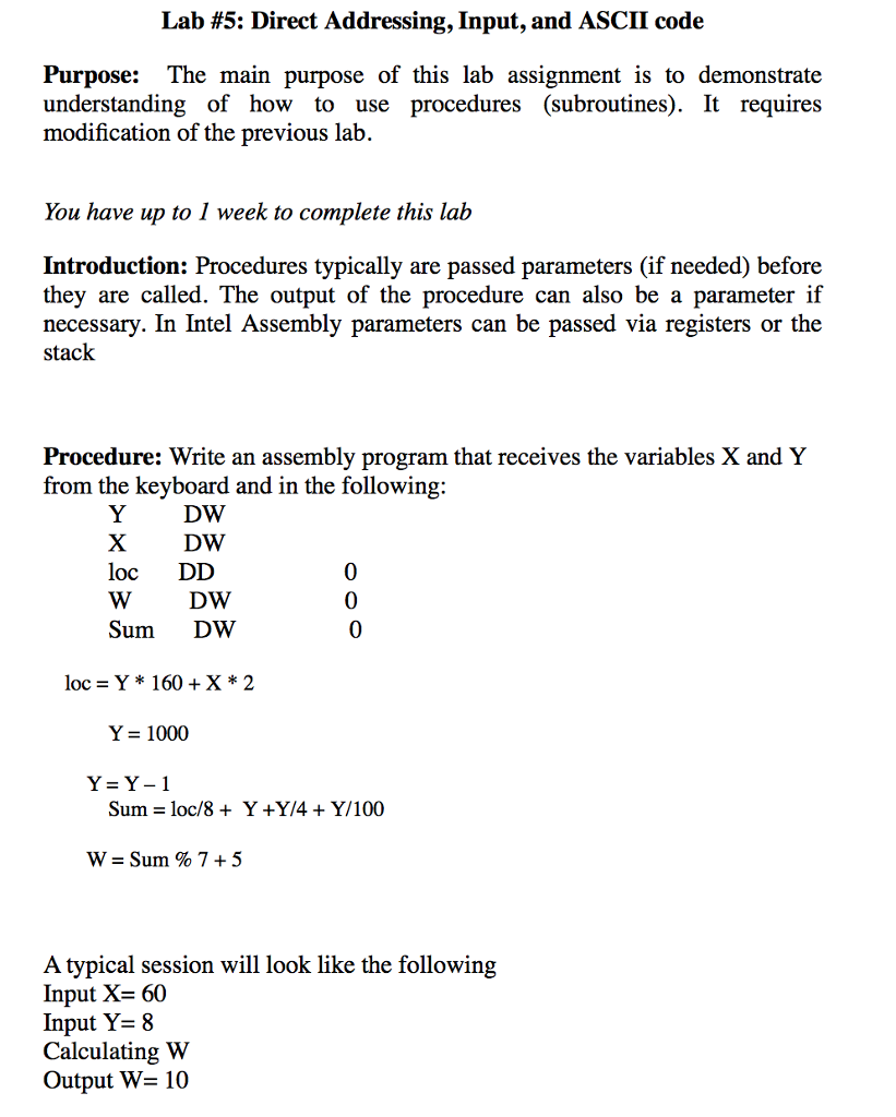 Assembly Coding - Intel X86 Procedures Lab #5: Direct Addressing, Input, and
