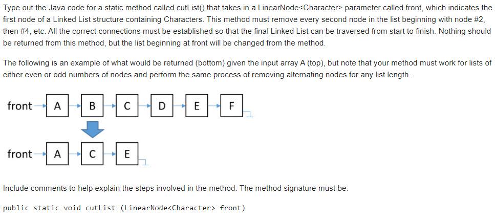  Type out the Java code for a static method called cutList()