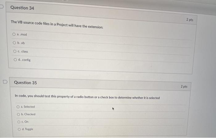 Visual Basic Question 34 2 pts The VB source code files in