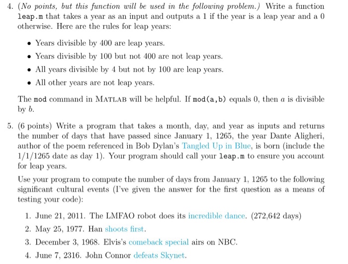  Write a function leap.m that takes a year as an input