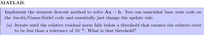MATLAB Implement the steepest descent method to solve Ax b. You
