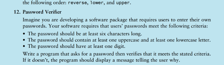  C++ 12. Password Verifier Imagine you are developing a software package