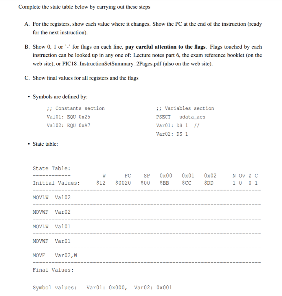  Complete the state table below by carrying out these steps A.