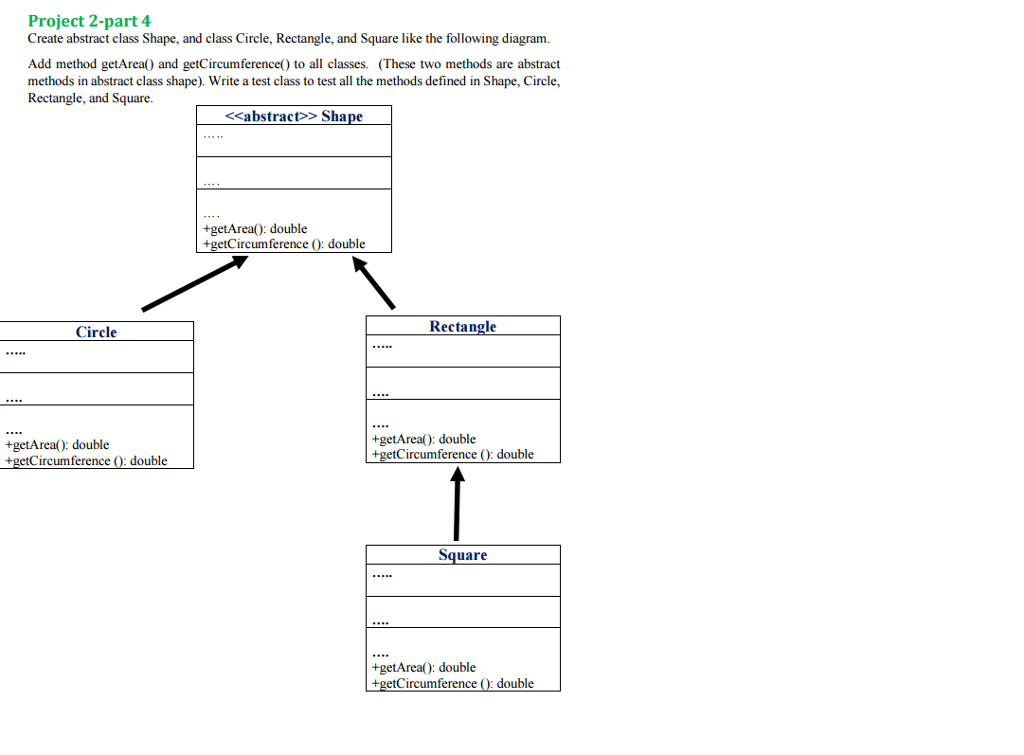  Create abstract class Shape, and class Circle, Rectangle, and Square like