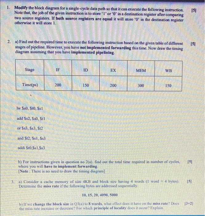 computer architechture question 151 1. Modify the block diagram for a single-cycle