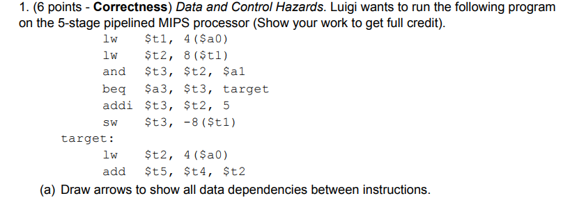  beg 1. (6 points - Correctness) Data and Control Hazards. Luigi