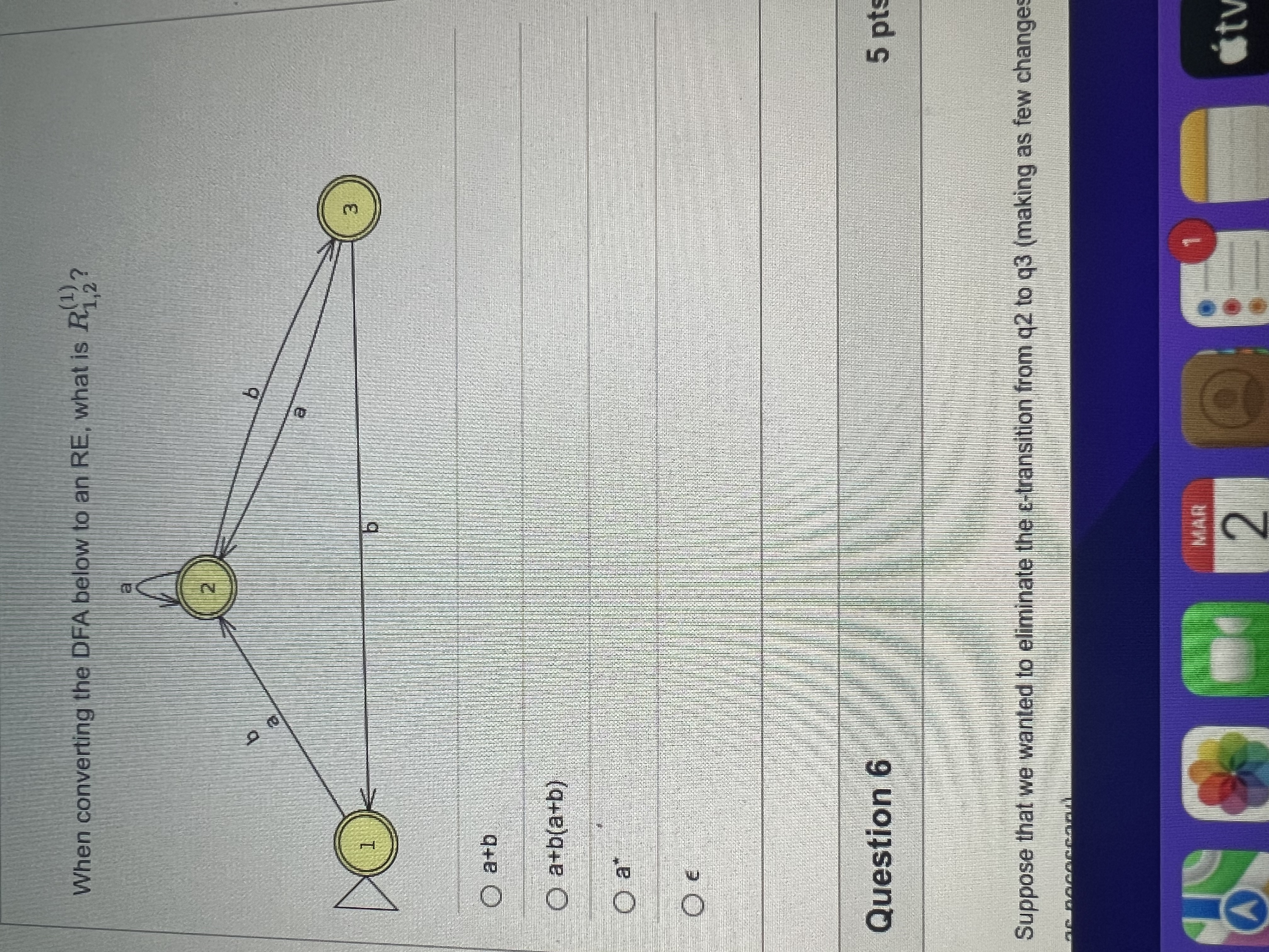  When converting the DFA below to an RE, what is R1,2(1)?