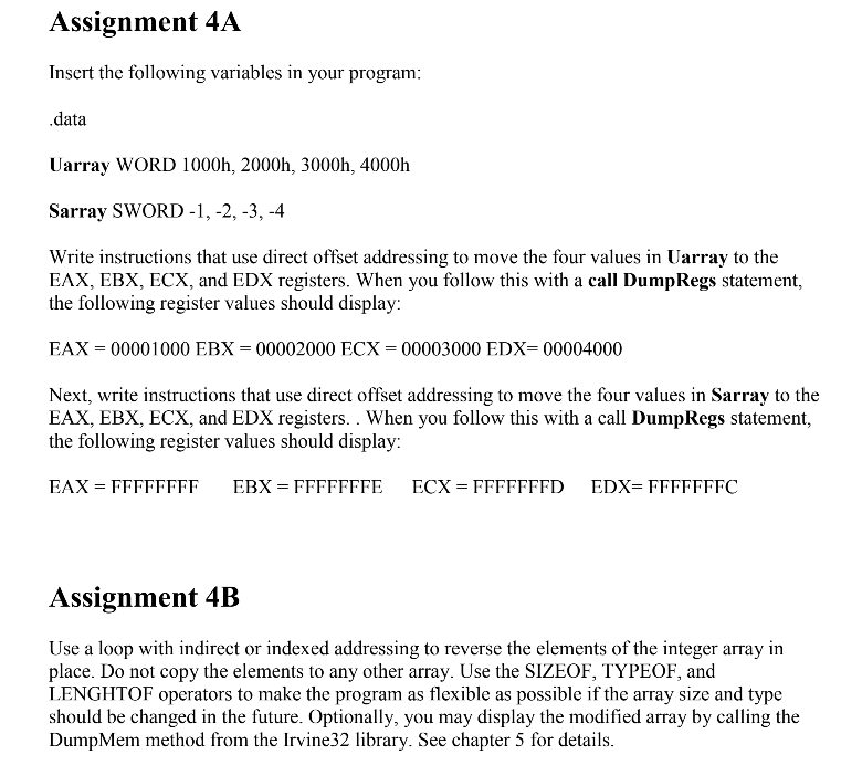  Assignment 4A Insert the following variables in your program: data Uarray