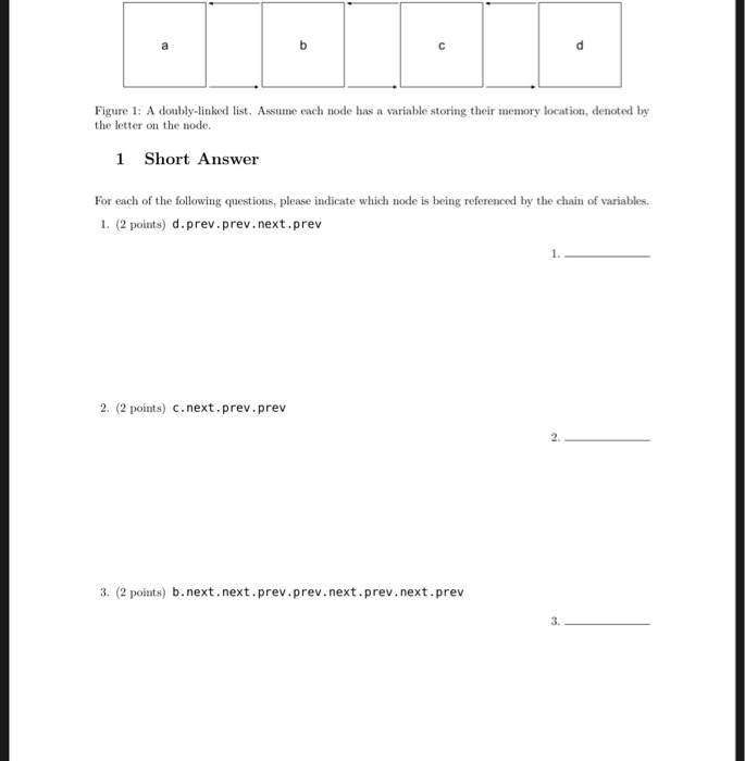  Figure 1: A doubly-linked list. Assume each node has a variable