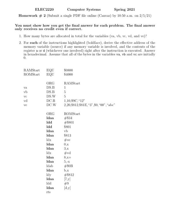  ELEC2220 Computer Systems Spring 2021 Homework #2 (Submit a single PDF