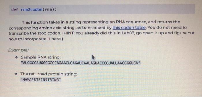  def rna2codon (rna): This function takes in a string representing an
