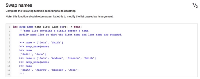  Swap names Complete the following function according to its docstring Note: