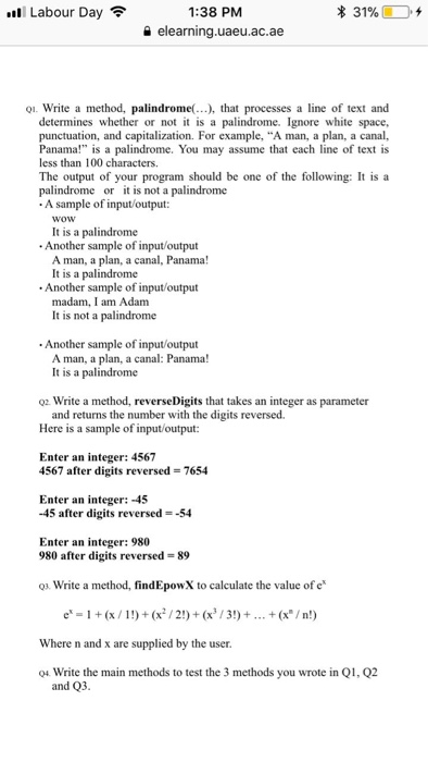  * 31%)10 1:38 PM elearning.uaeu.ac.ae Labour Day o1. Write a method,