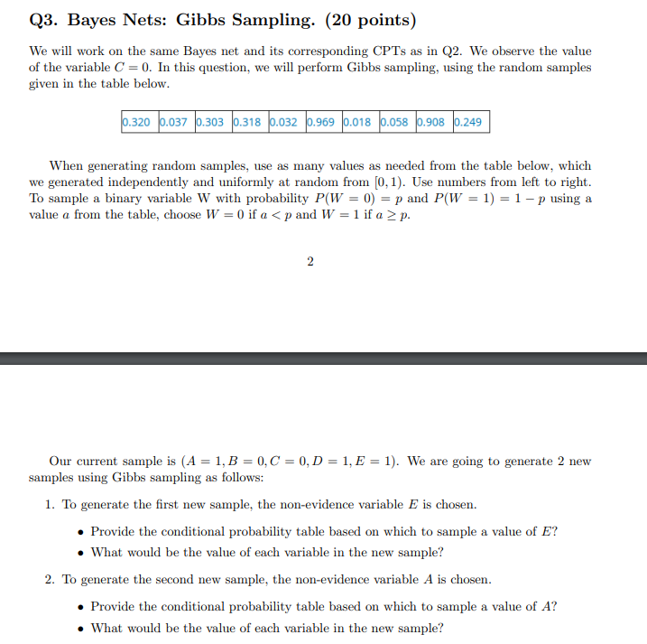  Q3. Bayes Nets: Gibbs Sampling. (20 points) We will work on