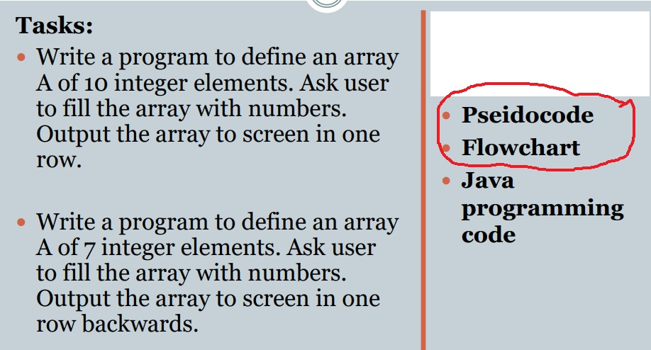 Tasks: Write a program to define an array A of 10