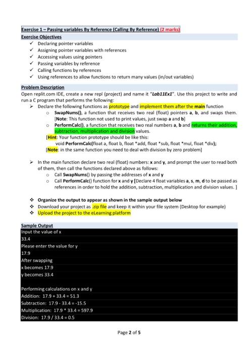 solve it with C language Exercise 1 - Passing variables By Reference