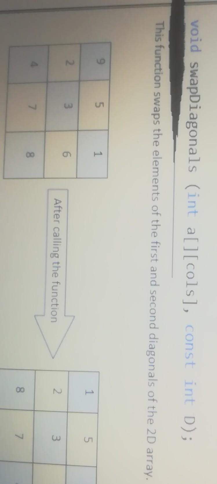  void swapDiagonals (int a[][cols], const int D); This function swaps the
