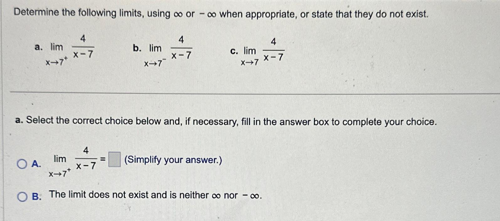  Determine the following limits, using \\\\infty or -\\\\infty when appropriate, or
