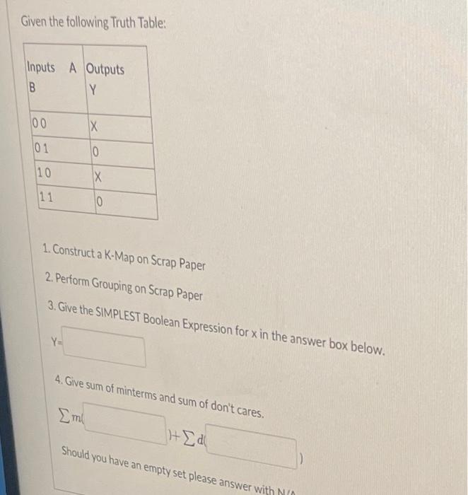  Given the following Truth Table: 1. Construct a K-Map on Scrap